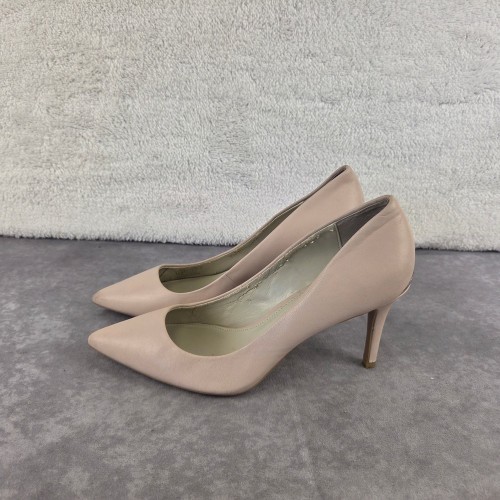 Calvin Klein Gayle Nude Leather Pointed Toe Pumps Silver Logo Heels Size 7